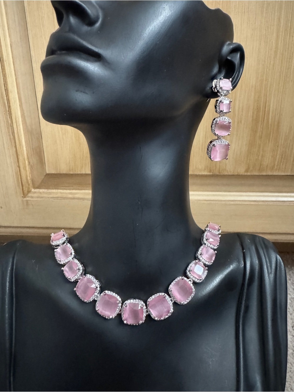 Pink Crystal Statement Necklace & Drop Earrings Set - Women Jewelry